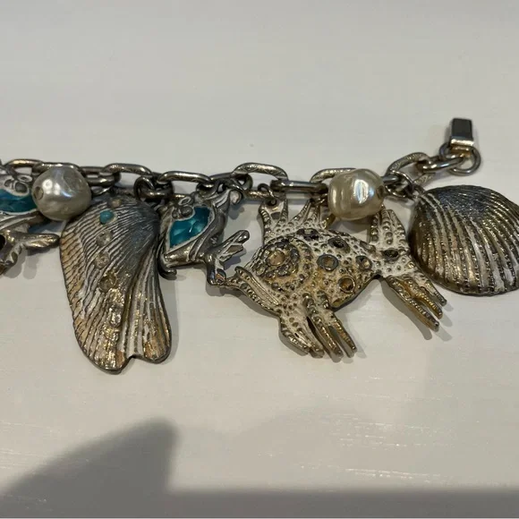 Vintage Charm Bracelet Silver Gold  Tone Ocean Sea Shell Starfish Stones 7" - Picture 4 of 7
